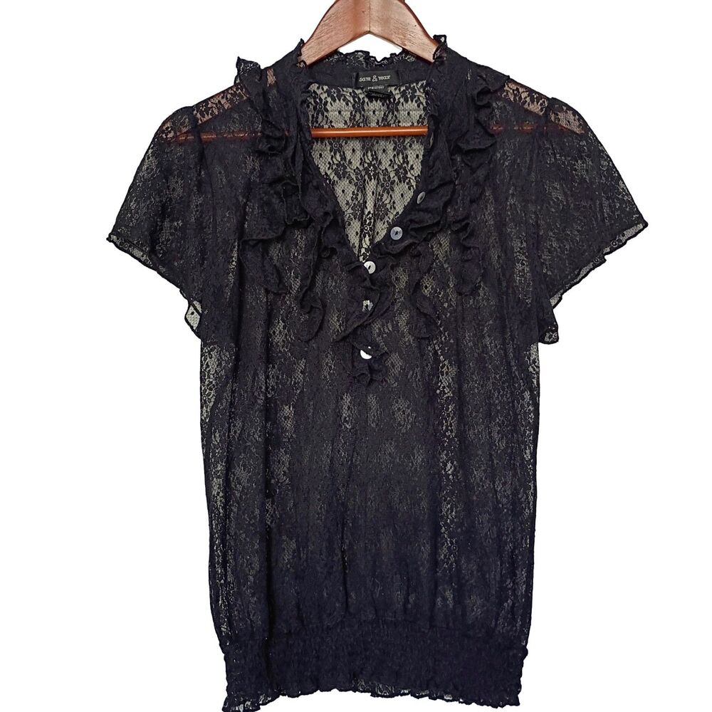 Sam Max Witchy Black Lace Blouse V Neck Henley Stretch Ruffle Goth Dark Y2K L